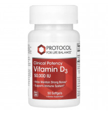Вітамін D3, Vitamin D3, Protocol for Life Balance, клінічна сила, 50 000 МО, 50 гелевих капсул