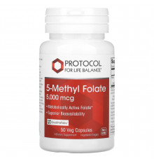 5-метил-фолат, 5-Methyl Folate, Protocol for Life Balance, 5000 мкг, 50 рослинних капсул