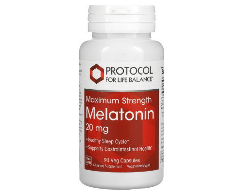 Мелатонін, Melatonin, Protocol for Life Balance, максимальна сила, 20 мг, 90 рослинних капсул