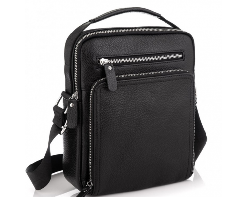 Шкіряна чоловіча сумка-барсетка через плече 22х26х7 / месенджер для телефону та документів, чорний