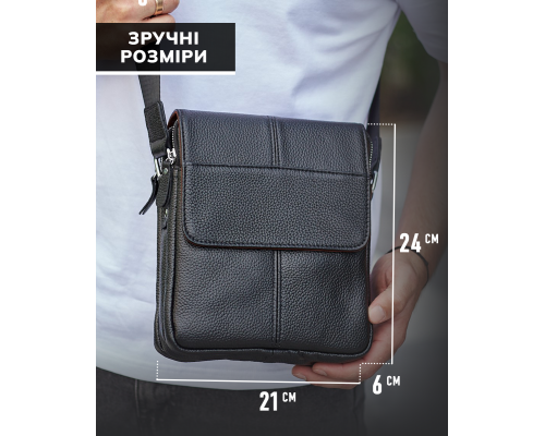 Чоловіча сумка шкіряна планшет 21х24х6, барсетка на одне плече Tiding Bag M1254A чорна