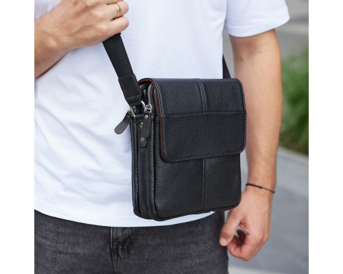 Чоловіча сумка шкіряна планшет 21х24х6, барсетка на одне плече Tiding Bag M1254A чорна