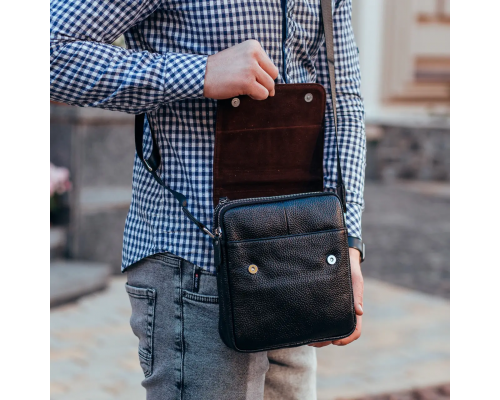 Чоловіча сумка шкіряна планшет 21х24х6, барсетка на одне плече Tiding Bag M1254A чорна