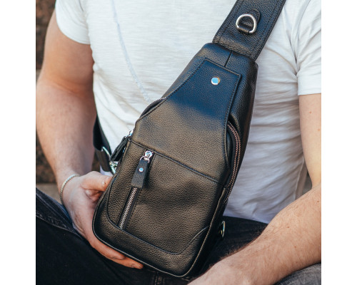 Шкіряний чорний чоловічий слінг 18х32х7, сумка рюкзак на одне плече TIDING BAG A25F-617-1A чорна
