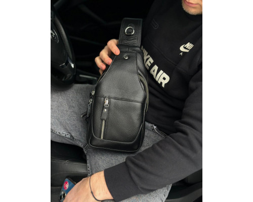 Шкіряний чорний чоловічий слінг 18х32х7, сумка рюкзак на одне плече TIDING BAG A25F-617-1A чорна