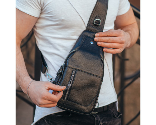 Шкіряний чорний чоловічий слінг 18х32х7, сумка рюкзак на одне плече TIDING BAG A25F-617-1A чорна