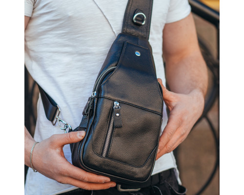 Шкіряний чорний чоловічий слінг 18х32х7, сумка рюкзак на одне плече TIDING BAG A25F-617-1A чорна
