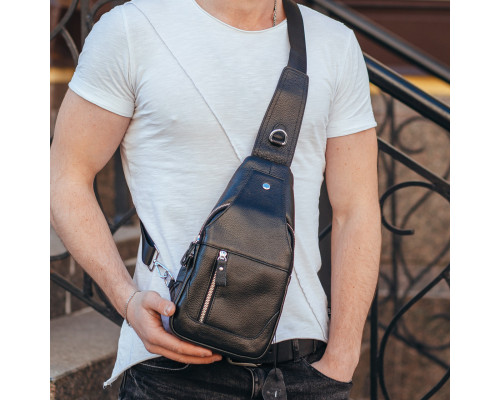 Шкіряний чорний чоловічий слінг 18х32х7, сумка рюкзак на одне плече TIDING BAG A25F-617-1A чорна