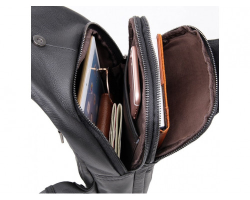 Шкіряний чорний чоловічий слінг 18х32х7, сумка рюкзак на одне плече TIDING BAG A25F-617-1A чорна