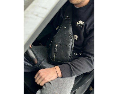 Шкіряний чорний чоловічий слінг 18х32х7, сумка рюкзак на одне плече TIDING BAG A25F-617-1A чорна
