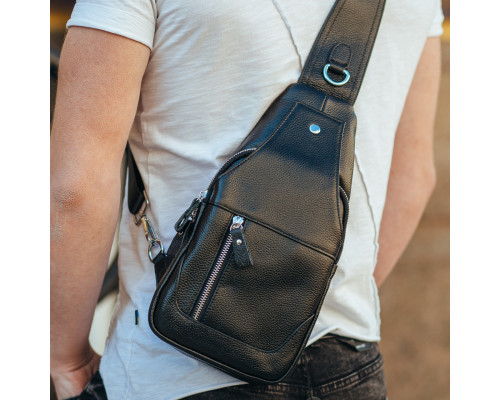 Шкіряний чорний чоловічий слінг 18х32х7, сумка рюкзак на одне плече TIDING BAG A25F-617-1A чорна
