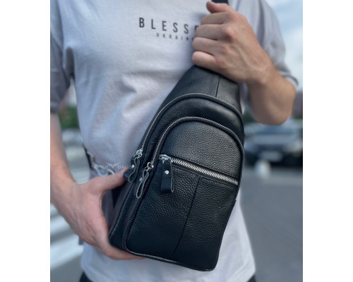 Чоловічий нагрудний шкіряний слінг 18х32х7, сумка-рюкзак через плече TIDING BAG-MK 83423 чорна
