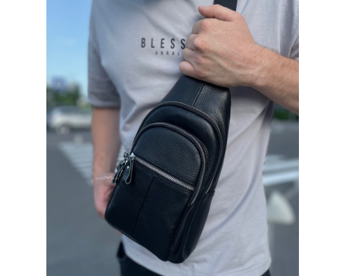 Чоловічий нагрудний шкіряний слінг 18х32х7, сумка-рюкзак через плече TIDING BAG-MK 83423 чорна