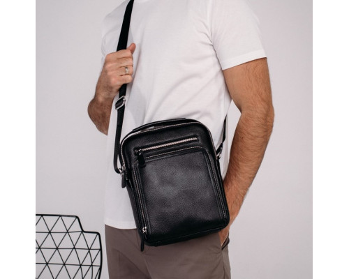 Шкіряна чоловіча сумка-барсетка 21х26х6, месенджер через плече з ручкою Tiding Bag M32432 чорний