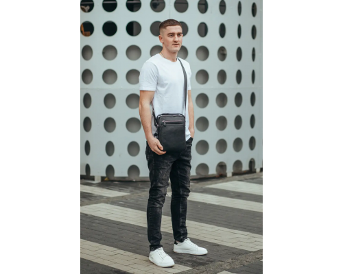 Шкіряна чоловіча сумка-барсетка 21х26х6, месенджер через плече з ручкою Tiding Bag M32432 чорний