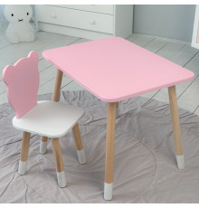 Стіл прямий 46х60х45 і стілець мордочка медведика 26.5х26х25, столик та стільчик для дівчинки, рожевий з білим