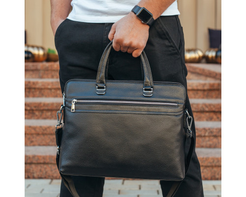 Шкіряна чоловіча сумка для документів та ноутбука 37х28.5х7, офісний діловий портфель Tiding Bag NV23712 чорний