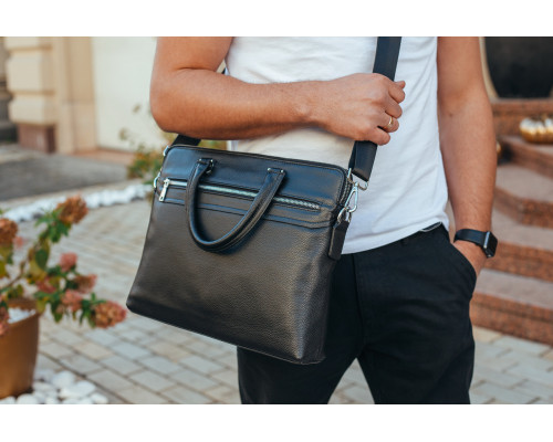 Шкіряна чоловіча сумка для документів та ноутбука 37х28.5х7, офісний діловий портфель Tiding Bag NV23712 чорний