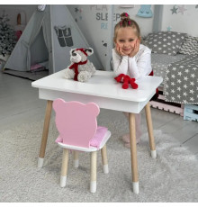 Стіл прямокутний з відкидним ящиком 53х60х45 і стілець медведик 26.5х26х25, комплект для дівчачої кімнати, рожевий з білим