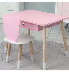 Стіл прямокутний з шухлядою 46х60х45 і стілець медвежа 26.5х26х25, столик та стільчик для дитячої кімнати, рожевий з білим
