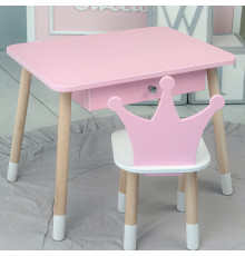 Стіл прямокутний з ящиком 46х60х45 і стілець корона 26.5х26х25, столик та стільчик в дитячу, рожевий з білим