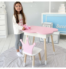 Столик хмаринка з відкидною нішею 54х68х50 і стільчик корона 26.5х26х25, стіл та стілець в дитячу, рожевий з білим