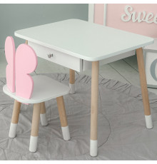 Стіл прямокутний з шухлядою 46х60х45 і стілець метелик 26.5х26х25, столик та стільчик для дівчачої кімнати, рожевий з білим