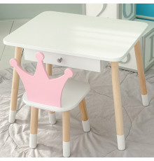 Дитячий столик білий і стільчик корона біло-рожевий. Столик із шухлядою для олівців і розмальовок 56787