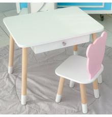 Стіл прямокутний з шухлядою 46х60х45 і стілець мордочка медвежа 26.5х26х25, комплект для дитячої кімнати, білий з рожевим
