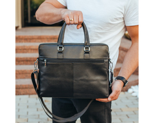 Шкіряна чоловіча ділова сумка 38x29x8, папка портфель для роботи Tiding Bag 30987 чорна