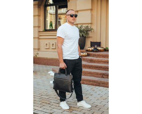 Шкіряна чоловіча ділова сумка 38x29x8, папка портфель для роботи Tiding Bag 30987 чорна