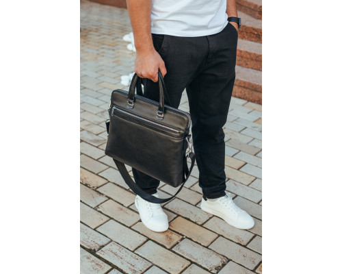 Шкіряна чоловіча ділова сумка 38x29x8, папка портфель для роботи Tiding Bag 30987 чорна