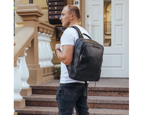 Рюкзак чоловічий шкіряний 28х40х14, міська сумка наплічна для ноутбука та документів, чорний