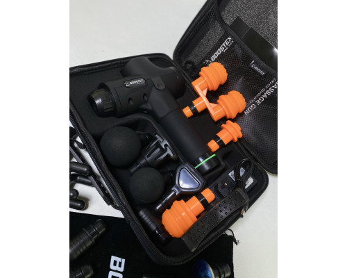 Новинка. Ударний перкусійний масажер з 30 режимами, 21 насадкою, батареєю 2500mAh та кейсом (Чорний)