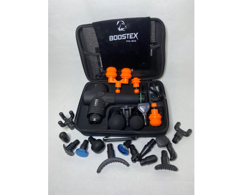 Ударний перкусійний масажер Boostex (massage gun) – 30 режимів, 21 насадка, акумулятор 2500 мАг, кейс