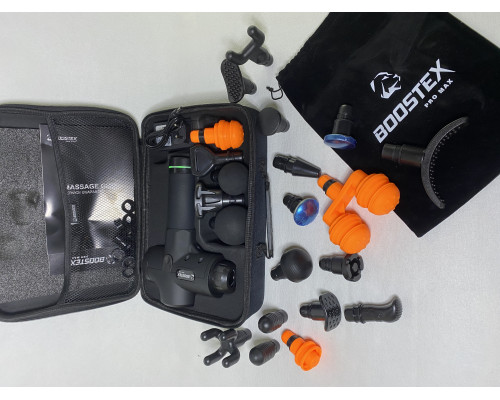 Новинка 2024 року. Ударний масажер Boostex PRO MAX з 30 швидкостями, 21 насадкою та батареєю 2500 mAh в комплекті (чорний)