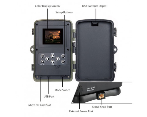 Фотопастка Suntek HC-802A з датчиком руху та нічним зніманням, огляд 120°, захист IP65, дальність 20м — ідеальна камера для охорони.