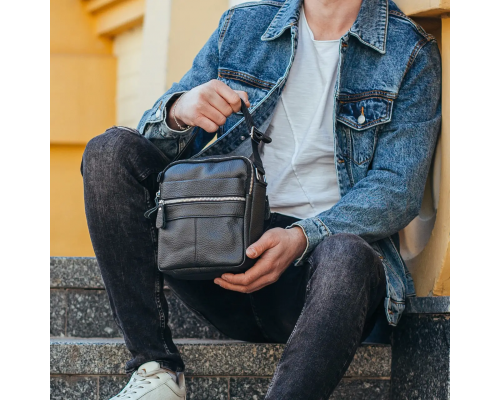 Сумка-барсетка чоловіча 19х22х5, месенджер через шкіряне плече Tiding Bag BON6165 чорний