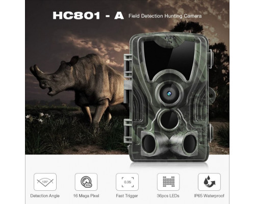 Фотоловушка Suntek HC 801A з дальністю 25 м, кутом огляду 120°, датчиком руху та нічною зйомкою, захистом від вологи та пилу IP65.