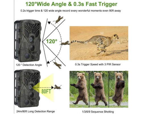 Фотоловушка Suntek HC 801A з дальністю 25 м, кутом огляду 120°, датчиком руху та нічною зйомкою, захистом від вологи та пилу IP65.