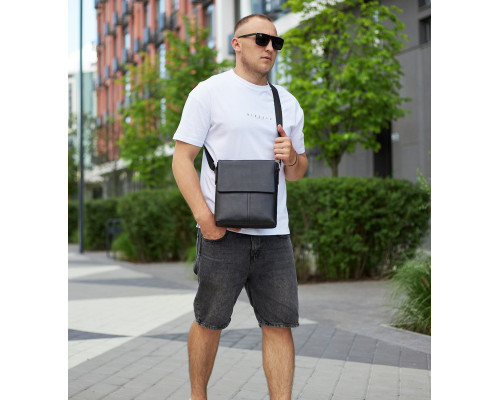 Чоловіча сумка планшет через плече 23х26х6, шкіряна барсетка Tiding Bag SK A75-181 чорна