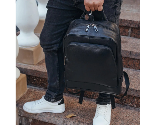 Чоловічий рюкзак шкіряний міський для ноутбука 28х40х14, сумка на спину для студента Tiding Bag , чорна