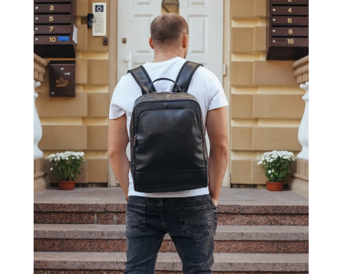 Чоловічий рюкзак шкіряний міський для ноутбука 28х40х14, сумка на спину для студента Tiding Bag , чорна