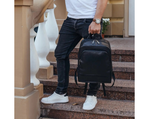 Чоловічий рюкзак шкіряний міський для ноутбука 28х40х14, сумка на спину для студента Tiding Bag , чорна