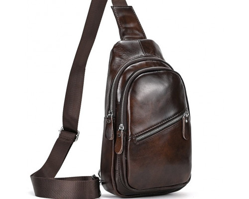 Чоловічий шкіряний слінг на одне плече 18х32х7, сумка-бананка для міста TIDING BAG 62867 коричнева