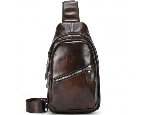 Чоловічий шкіряний слінг на одне плече 18х32х7, сумка-бананка для міста TIDING BAG 62867 коричнева