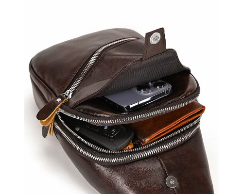 Чоловічий шкіряний рюкзак на одне плече 18х32х7, сумка-слінг для міста TIDING BAG MK03983 коричнева