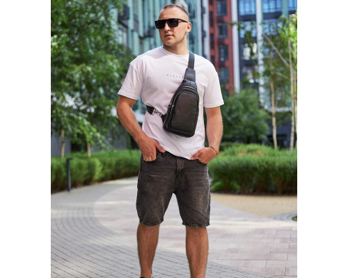 Слінг шкіряний чоловічий на плече18х32х8, нагрудна сумка рюкзак для студента TIDING BAG TH-73583 чорна