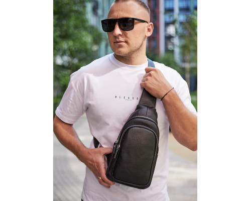 Слінг шкіряний чоловічий на плече18х32х8, нагрудна сумка рюкзак для студента TIDING BAG TH-73583 чорна