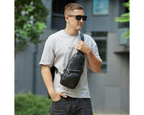Чоловіча шкіряна сумка-слінг 17х32х7, бананка для роботи та офісу TIDING BAG - MK-96303 чорна